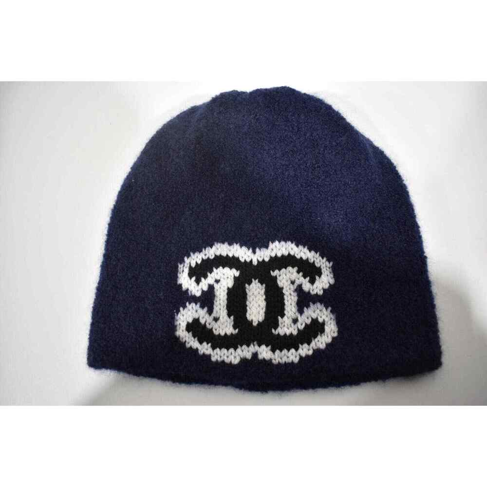 Chanel 22B Wool Cashmere Navy Blue White Black CC Logo Beanie Winter Hat Cloche - Picture 4 of 9